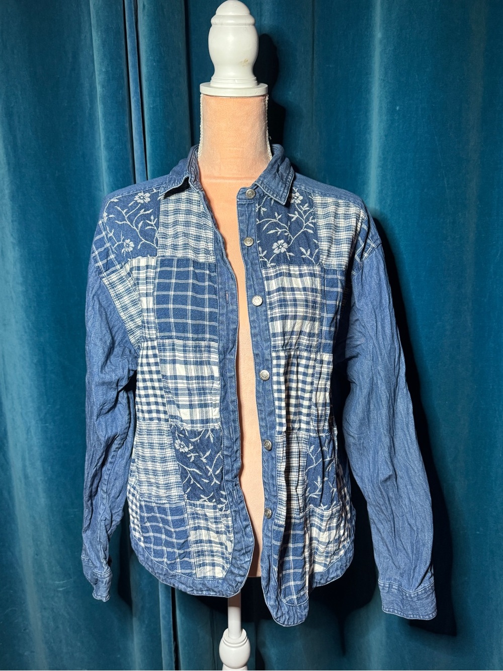 Patchwork Indigo Plaid Button-Up Shirt - Blue
